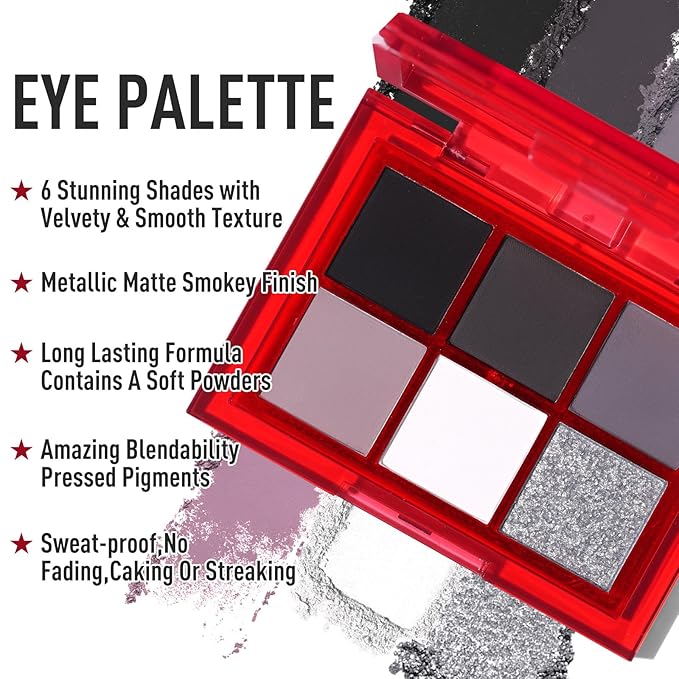 BOBISUKA Eyeshadow + Lipstick Makeup Kit, 6 Colors Dark Black White Silver Gray Shimmer Matte Metallic Smokey Eye Shadow Pallet with Black Matte Liquid Lipstick Makeup Set for Halloween