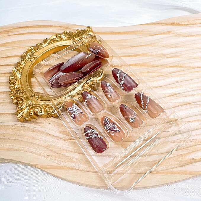 30Pcs Brown Press on Nails Medium Almond Fake Nails with Pearl Rhinestones Designs Butterfly Acrylic Nails Glitter Glue on Nails Full Cover Fall False Nails French Tip Stick on Nails for Women