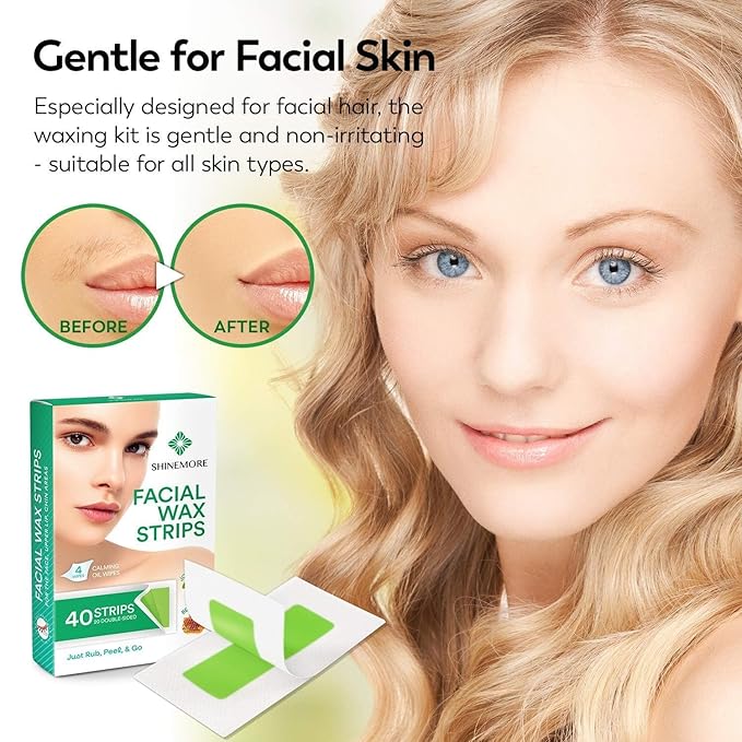 ShineMore Facial Wax Strips for hair removal - Hypoallergenic for All Skin Types - - Gentle and Fast-Working for Face, Eyebrow, Upper Lip, and Chin (40 Women Wax Strips + 4 Calming Oil Wipes NATURE NATION Ingredients )