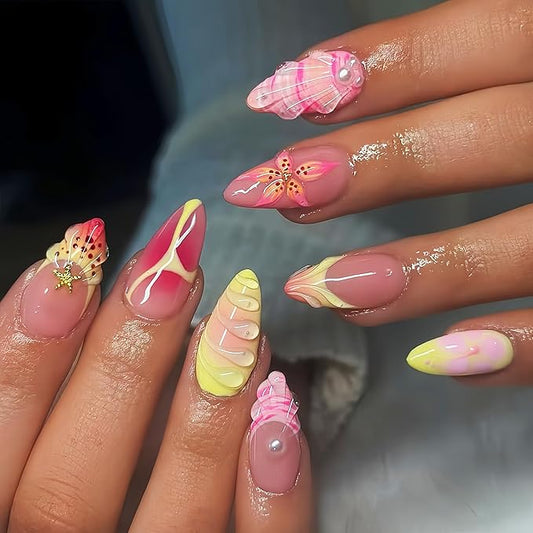 24Pcs Summer Press on Nails Medium Almond Fake Nails with Gold Starfish Charms Glue on Nails 3D Hawaiian Flowers Acrylic Nails Ocean Beach False Nails Handmade Shell French Stick on Nails for Women