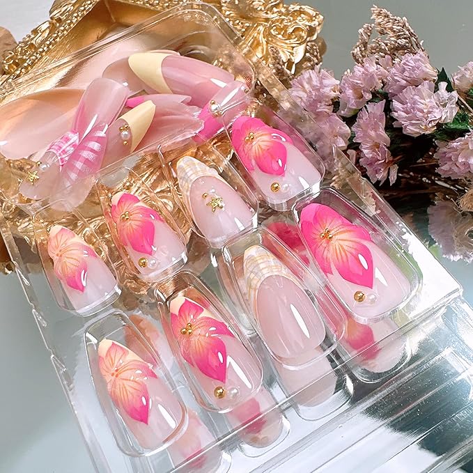 24Pcs Yellow French Tip Press on Nails Medium Almond Fake Nails with Gold Starfish Pearl Designs 3D Hawaiian Flower False Nails French Artificial Acrylic Nail Tips Summer Glue on Nails for Women