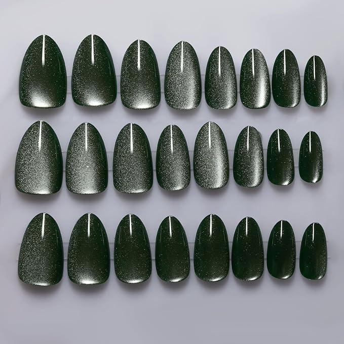 Almond Press On Nails Short, Green Cat Eye Press on Nails with Glue for Women Ashionable Gel False Nails Reusable Acrylic False Nails Women's Glitter Nails Glue On Nails Kit, Avocado Green