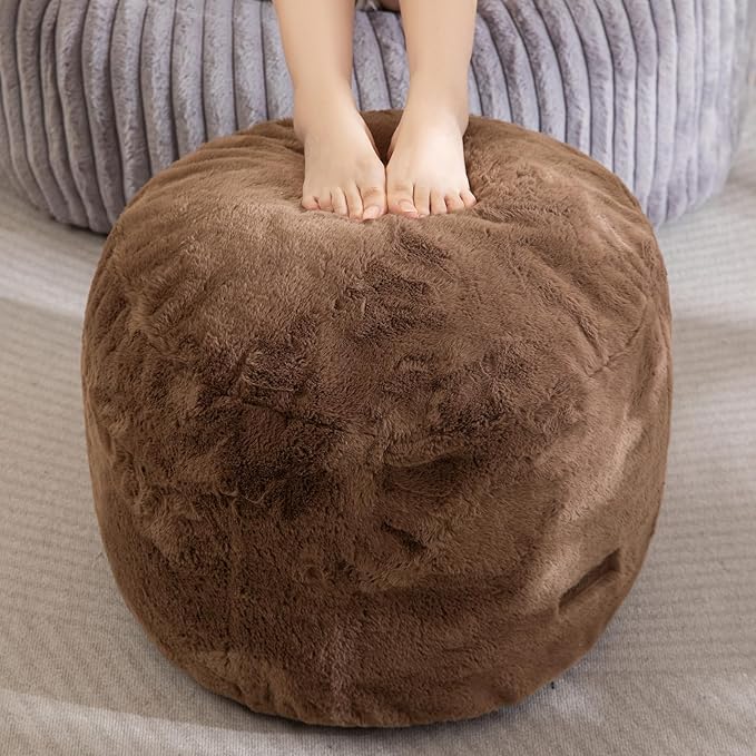 HIGOGOGO Pouf Stuffed Ottoman Round Modern Foam Filled Foot Rest Chair Decorative Poufs 20 x 15 Inches Fluffy Boho Comfy Stool for Living Room, Brown