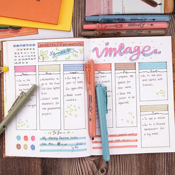 WRITECH Retractable Highlighters Assorted Colors: Chisel Tip Click Aesthetic Highlighter Marker Pens Pack Multi Colored Ink No Bleed Smear for Highlighting Journaling (12ct Mild+Vintage)