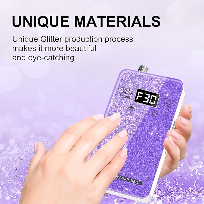 Professional Electric Nail Drill File:COSYGLOW Glitter Portable Cordless E-File Nail Drill Kit with 11 Drill Bits,30000 RPM Rechargeable Nail Drills Machine for Acrylic Nails Gel Polishing(Purple)
