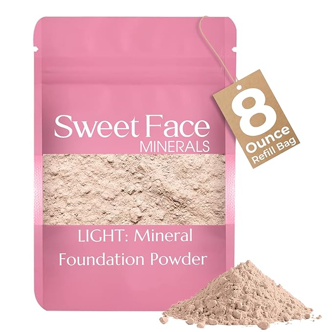 (8 Ounce Bag) (Light) Foundation Powder Refill By Sweet Face Minerals, Lightweight Mineral Loose Makeup Powder with SPF 20, Full Coverage Flawless Finish, Talc-free, Cruelty-Free, Refillable Pouch