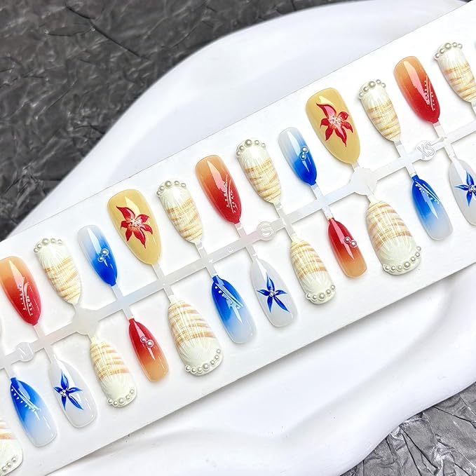 30Pcs Summer Press on Nails Medium Almond Fake Nails with 3D Shell Pearl Rhinestones Design Spring Floral Beach Acrylic False Nails Blue Ombre Vacation Stick on Nails Glue on Nails for Women