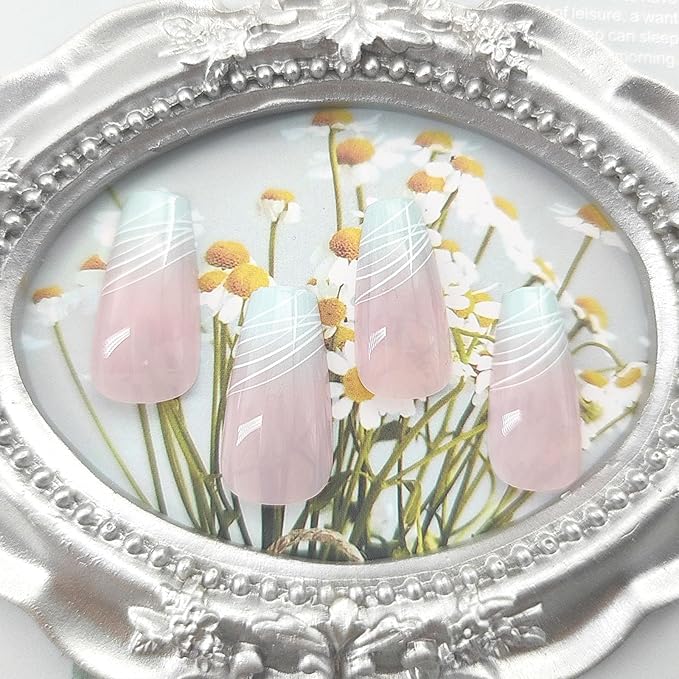 Press on Nails Coffin Medium Length Fake Nails Press ons Green French Tip Acrylic Nails White Silver Lines Glue on Nails Light Pink Full Cover Stick on Nails Artificial False Nails for Girls 24Pcs