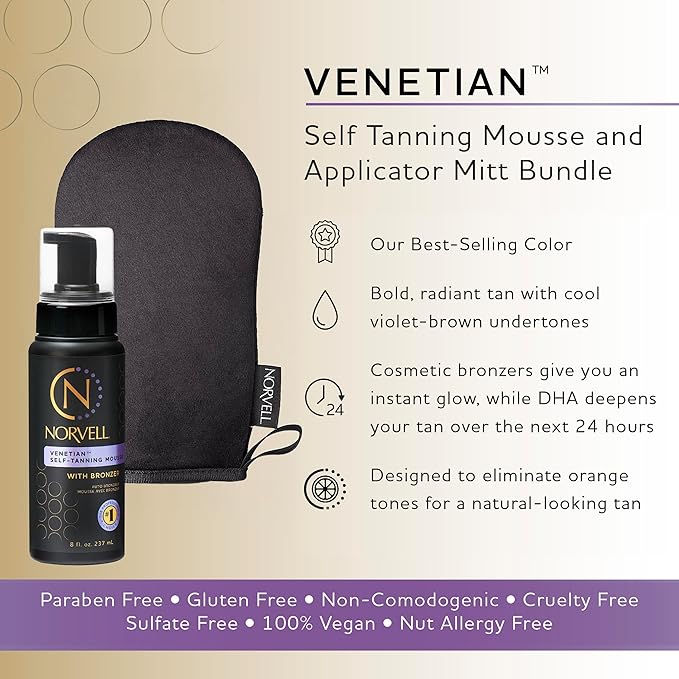 Norvell Venetian Self Tanning Set – 8 Fl Oz Mousse with Bronzer and Reusable Applicator Mitt for Natural-Looking, Streak-Free Tan