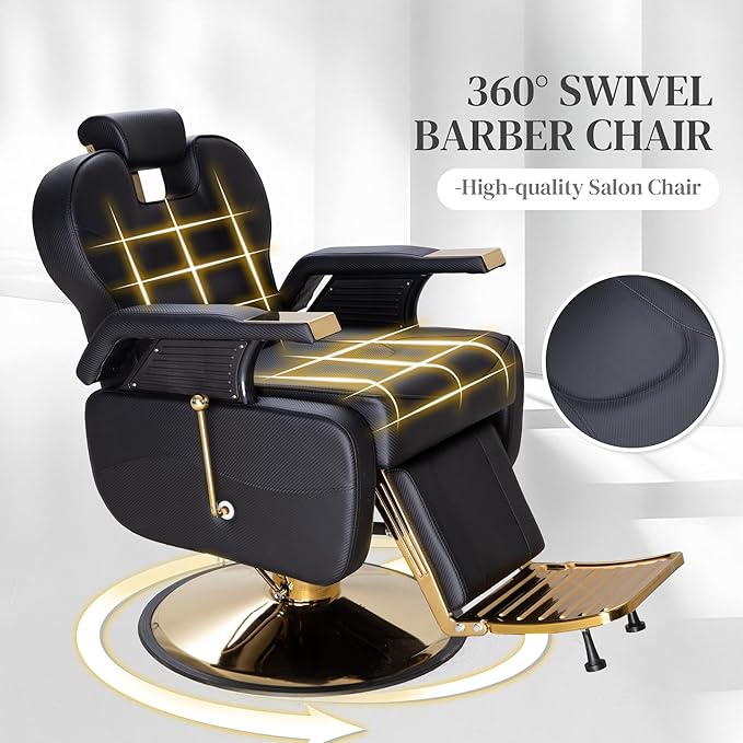 FHFO Barber Chairs for Barbershop, Heavy Duty Hydraulic Barber Chair 360° Swivel Reclining, Adjustable PU Leather Beauty Salon Chair for Barbershop Spa Black/Gold