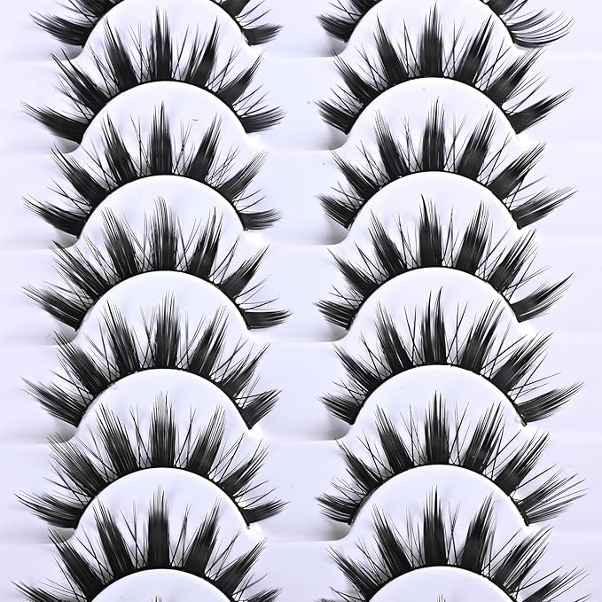 FARRED Manga Lashes Spiky Anime Eyelashes 10 Pairs Cosplay False Wispy Lash Strips Doll Eye Spike Wet Fake Eyelash 16mm Manhwa Cluster Lashes Natural Thick Korean Japanese Style Individual Lash