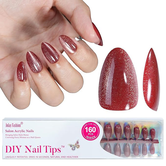 Almond Press On Nails Red Cat Eye - Short, Glue On False Nails, Stick On in 16 Sizes - 160PCS Soft Gel Fake Nails Kit for Valentine's Day Gift