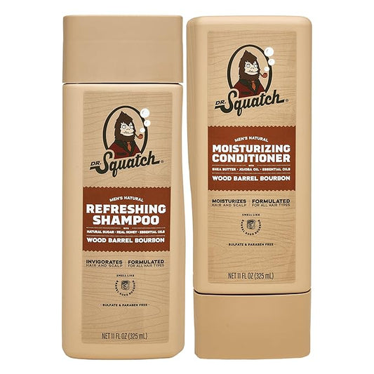 Dr. Squatch Natural Hair Bundle for Men - Healthy, Full Looking Hair - Wood Barrel Bourbon Shampoo (11 fl oz), Wood Barrel Bourbon Conditioner (11 fl oz)