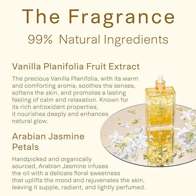 SAFA Vanillé Oil - Organic Oil for Face, Body, Hair, Nails & Aromatherapy | Vanilla Extract & Jasmine Petals - Essential Oil for Diffusers | After Shower Body Oil | Skin Moisturiser (4 Fl Oz)