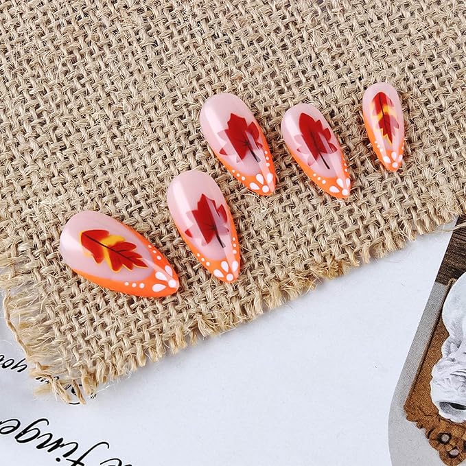 Thanksgiving Medium Almond False Nails Fall Leaves Stick on Fingernails Red Maple Leaf Press on Nails 24Pcs Glossy Orange French Tips Acrylic Fake Nail Autumn Gel Glue on Nail for Coquette Women Girls