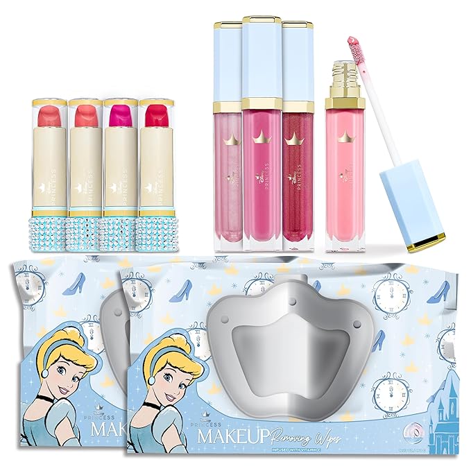 Belle Maison Disney Cosmetic Makeup Set, Makeup Essential Collection, Princess Cinderella - Includes 4pc Lip Gloss, 4pc Lipstick, 60ct Facial Cleansing Wipes (2pk)