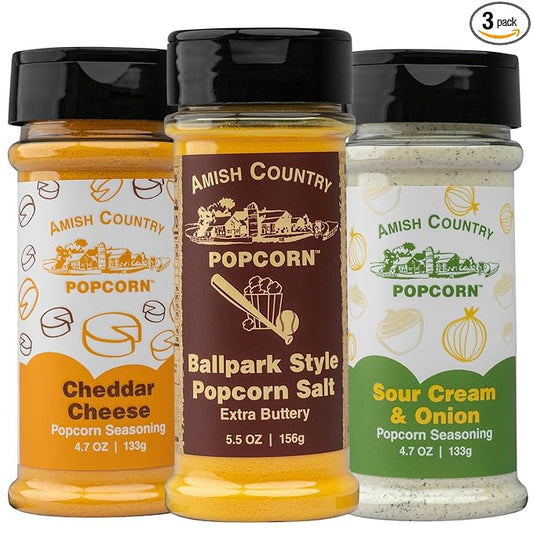 Amish Country Popcorn | Seasoning Variety Pack | 5.5 oz BallPark Style ButterSalt - 4.7 oz Cheddar Cheese & 4.7 oz Sour Cream and Onion Popcorn Seasoning
