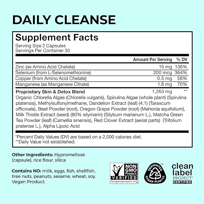 HUM Daily Cleanse Acne Supplements for Women & Men, Gentle Digestive Cleanse for Clear Skin Support, Zinc, Spirulina, Chlorella, Detoxifying Herbs, Organic Algae, Skin Vitamins Supplement, 60 Capsules