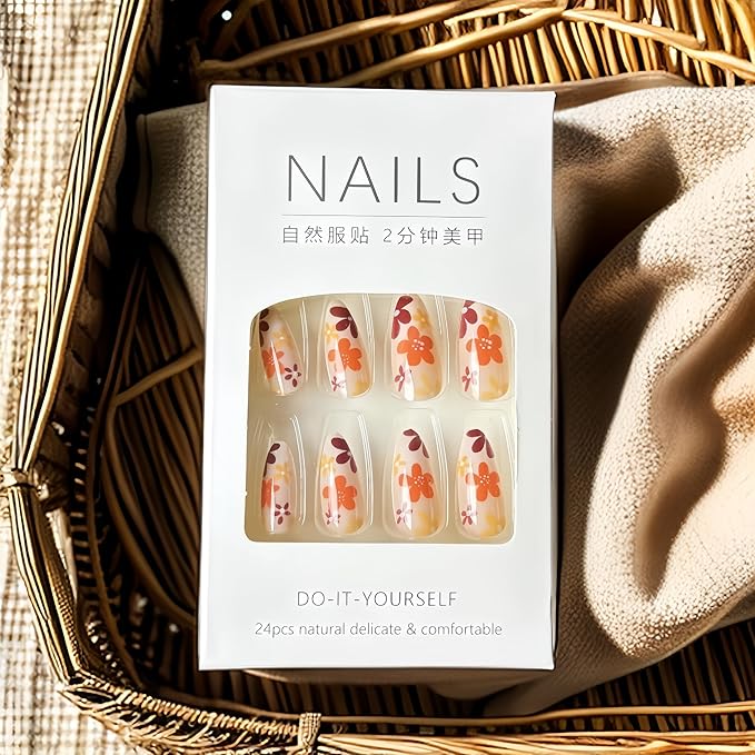 24Pcs Brown Flower Press on Nails Almond Medium Fake Nails Autumn Winter Maillard Color Design Petite Glue on Nails Floral Acrylic Nails Fall Daisy Full Cover Stick on Nail Artificial Nails for Women