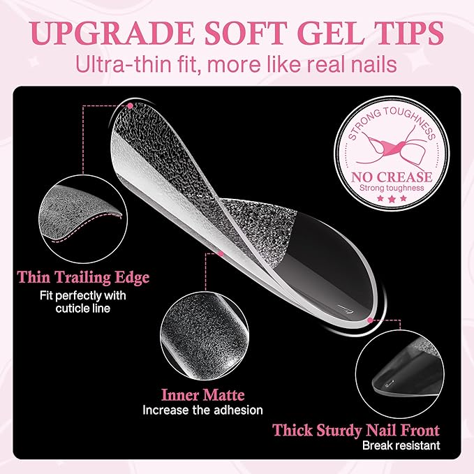 Almond Nail Tips: 240pcs Pointed Almond Soft Gel Nail Tips, Pre-shape Short Nails, Half Matte Full Cover Clear Acrylic Fake Press On Nails for Nail Extension Home Nail Art 12 Sizes Gelly Tips