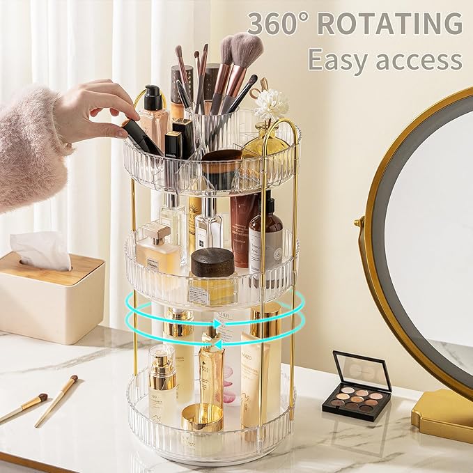 360° Rotating Makeup Organizer, Large-Capacity Skincare Make Up Storage 3 Tier Perfume Organizers Cosmetic Dresser Organizer with Makeup Brush Holder, Fits Bedroom, Bathroom, Vanity Shelf Countertop