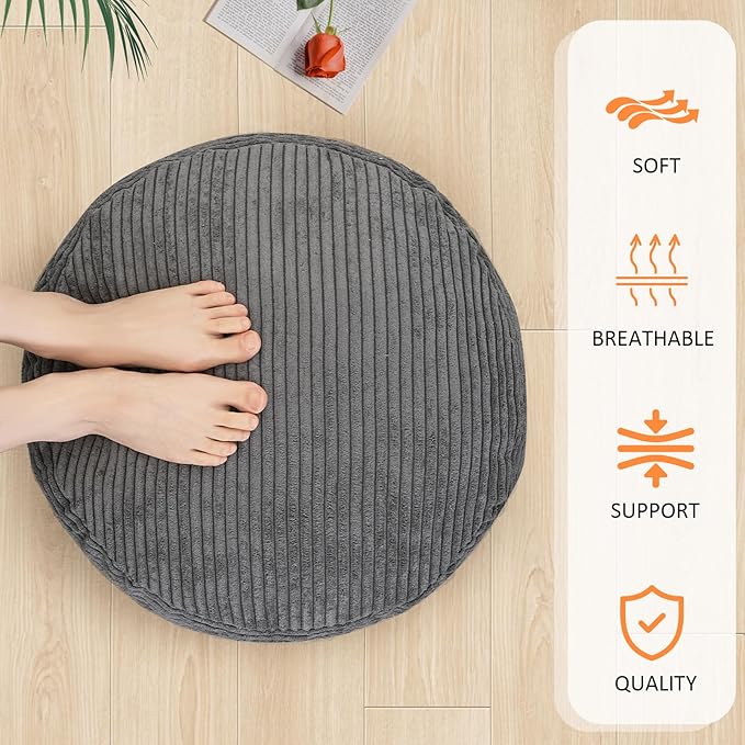 Pouf Ottoman Stuffed Round Modern Foam Filled Foot Rest Corduroy Poufs for Living Room Chair Decorative 20 X 15 Inches Fluffy Pouf Foot Stool Storage Ottoman, Dark Grey