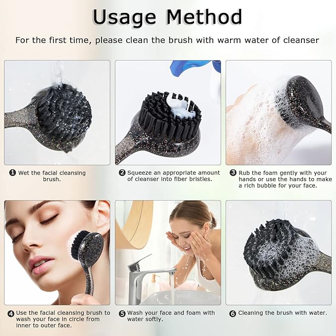 3 Pcs Large Handheld Face Scrubber, Beomeen Facial Cleansing Brush Charcoal Black Bristles Face Exfoliator Cleaner Soft Brush with Lid for Gentle Deep Cleansing and Exfoliating (Black-Glitter)