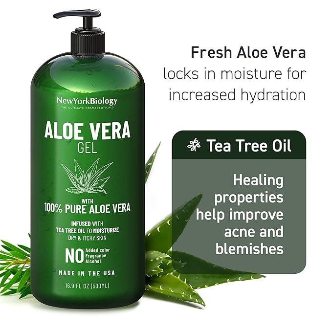 New York Biology Aloe Vera Gel for Face, Skin and Hair - Infused with Tea Tree Oil - From Fresh Aloe Vera Plant - Moisturizing Aloe Vera for Sunburn Relief and Dry Skin - 16.9 Fl Oz - Pack of 2