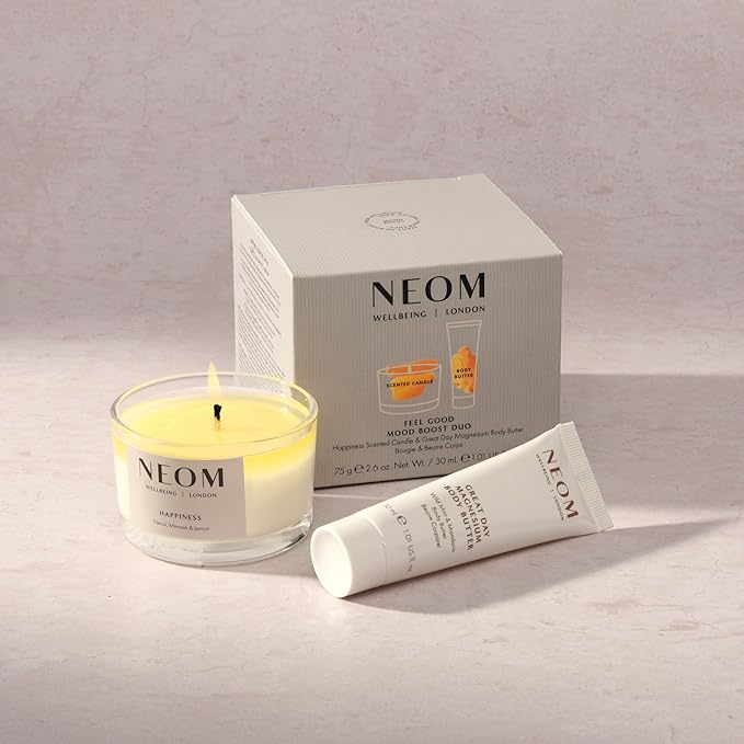 Neom Feel Good Mood Boost Duo Gift Set I Contains: Happiness Travel Candle 75g, Great Day Magnesium Body Butter 30ml I 100% Natural Scent I Sprinkle Happy Vibes