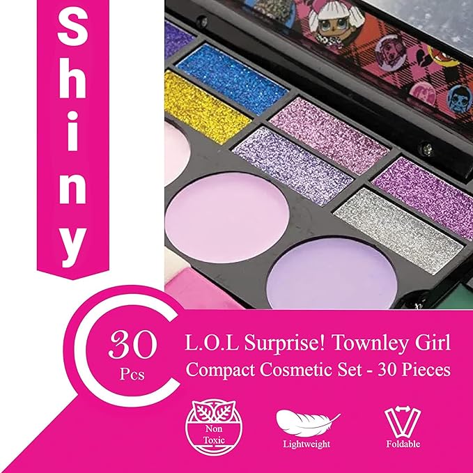 LOL Surprise Cosmetic Compact Set Includes Mirror, 14 Lip glosses, 8 Eye Shadow, 4 Blushes & 4 Brushes Safe & Non-Toxic Colorful Portable Foldable Makeup Beauty Kit for Girls, Townley Girl