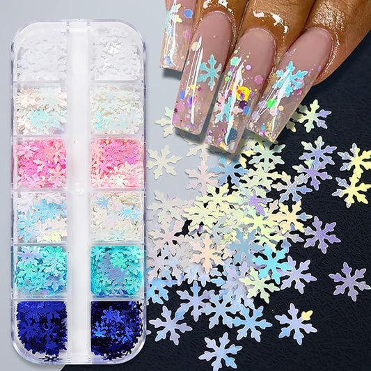 12 Grids 3D Snowflake Nail Art Stickers - Holographic Laser Decals for Christmas Nails - Xmas White Sequins for Nail Decoration - Winter Snow Flakes