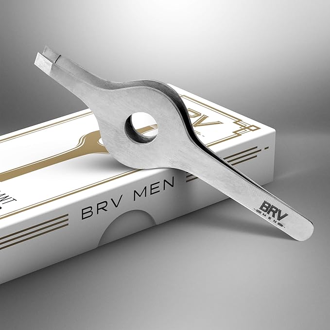 BRV MEN Wide Grip Slant Tweezers | Hand-Filed Slanted Tips for Ultra-Precision | Tweezers for Eyebrows & Nose/Ear/Facial Hair | Professional Tweezers for Women & Men - Silver
