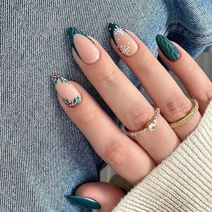 24Pcs Christmas Press on Nails Medium French Tip Fake Nails Winter Snowflake Acrylic Nail Xmas Holly Candy Design Cute Almond False Nail Green Full Cover 3D Christmas Glue on Nails Supplies for Women