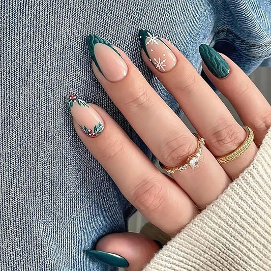 24Pcs Christmas Press on Nails Medium French Tip Fake Nails Winter Snowflake Acrylic Nail Xmas Holly Candy Design Cute Almond False Nail Green Full Cover 3D Christmas Glue on Nails Supplies for Women