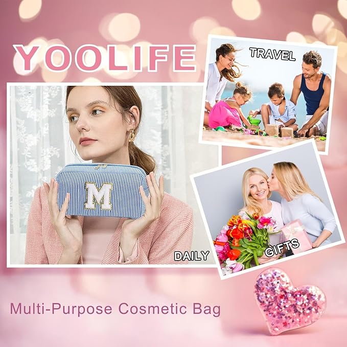 YOOLIFE Initial Makeup Bag for Women - Monogram Cute Blue Makeup Bags Cosmetic Toiletry Pouch Make Up Case for Women Her Best Friend Friendship Sister Teacher, Personalized Birthday Gifts for Women J
