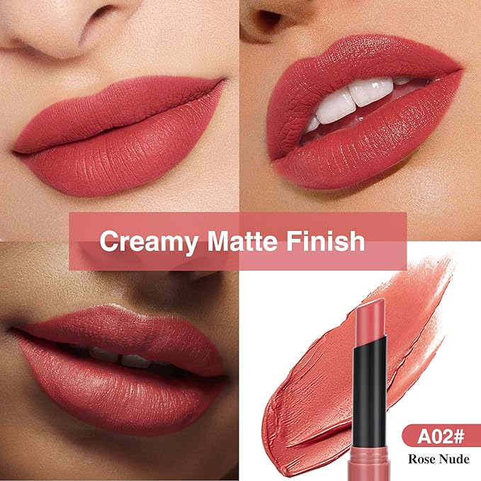 Peach Nude Matte Lipstick，Creamy Silky Matte+Lipsticks，Hydrating Balm-in-Lipstick，Velvety Finish for Women Daily Lip Makeup，High-pigment Formula，Easy to use and color，Vegan & Cruelty-Free 02#