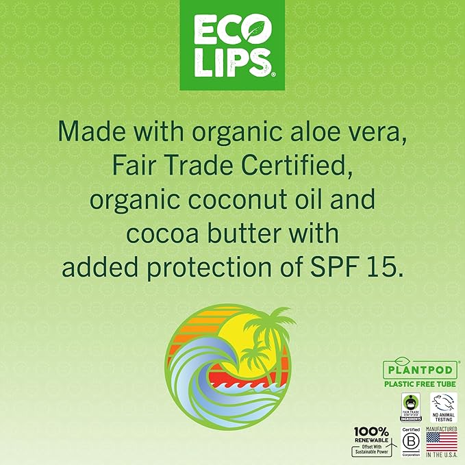 Eco Lips Classic Mint Broad Spectrum Sunscreen Lip Balm 6-Pack - 100% Plastic-Free Plant Pod Packaging - Made in USA