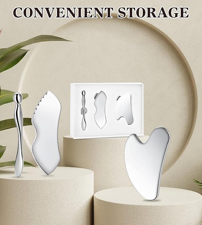 Gua Sha Facial Tools, 3 in 1 Stainless Steel Metal Guasha & Eye Cream Applicator Facial Sculpting Tool Set Eye Massager Lymphatic Drainage for Face Neck (Gift Box Set)(Boxed 2, Count, 3)