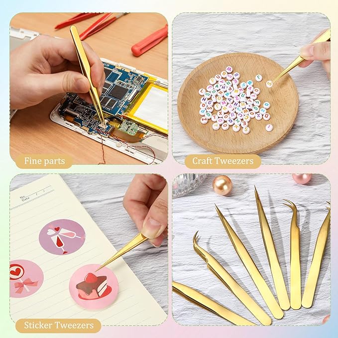 Mudder High Precision Lash Tweezers Set 6 Pack Stainless Steel Eyelash Extension Tweezers for Classic, Volume, Mega Volume Lashes, Facial Hair, Eyebrow, Hair Removal, Crafting Making (Gold)