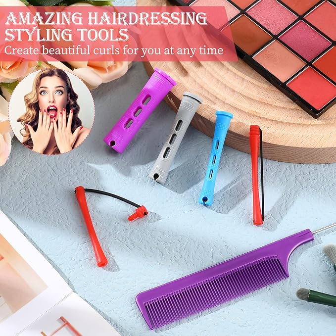48 Pieces Hair Perm Rods Short Cold Wave Rods Plastic Perming Irons Hair Curling Rollers Curlers with Steel Pintail Comb Rat Tail Comb for Hairdressing Styling Supplies(4 Sizes,4 Colors)