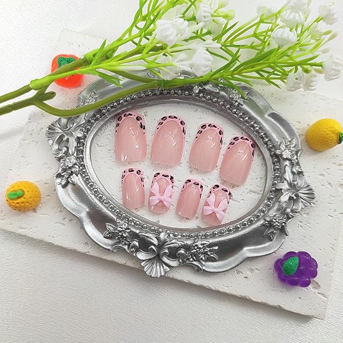 Medium Press on Nails Square Fake Nails with 3D Bow Designs Leopard French Tip Nails Press ons Glossy Glue on Nails Pink Acrylic Nails Cute False Nails Spring Stick on Nails for Women 24Pcs