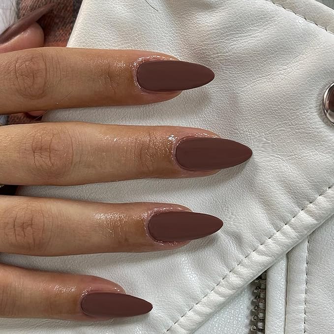 48pcs Matte Brown Press On Nails, Medium Length Almond Shaped, Stiletto False Nails, Dark Medium, Thick Natural Acrylic Gel