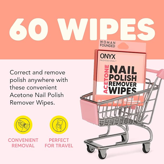 Onyx Professional Nail Polish Remover Pads, 60 Wipes - Acetone Wipes, Individually Wrapped, Fingernail Travel Kit to Clear Nail Polish, Acetone Pads
