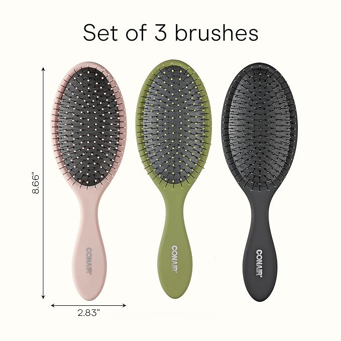 Conair Detangling Hair Brush Set, 3-Pack Detangler Brushes for Wet or Dry Hair, Gentle Detangler for All Hair Types, Bristle Hair Brushes for Women, Evergreen, Blush Pink, Black Assorted