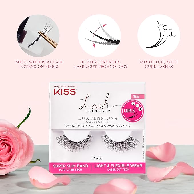 KISS Lash Couture LuXtensions Collection False Eyelashes, Flat Lash Technology, Super Slim Lash Band, Real Lash Extension Fibers, Reusable, Contact Lens Friendly Strip Lashes, Style 'Velvet', 1 Pair