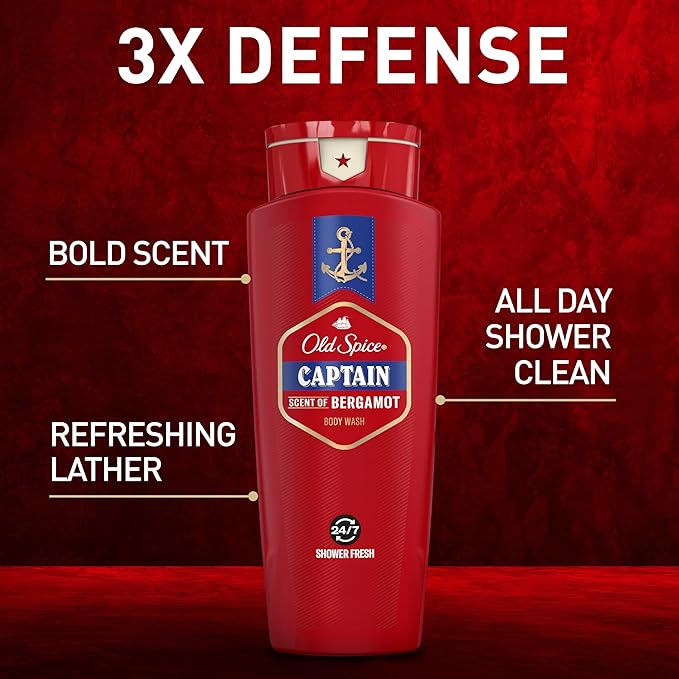 Old Spice Refreshing Body Wash for Men, 3X Defense, 24/7 Shower Fresh with Long Lasting Scent, Red Collection, Captain with Bergamot Scent, 24 oz (Pack of 4)