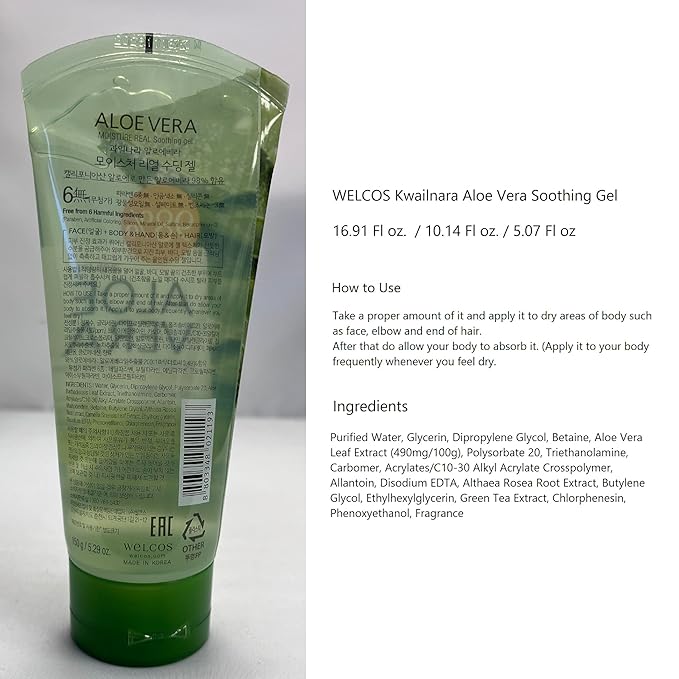 WELCOS Kwailnara California grown Aloe Vera Moisture Soothing Gel, 98% Pure, All-in-One for Face, Body, Hand, Hair, Korean Skin Care (5.07 Fl oz.)