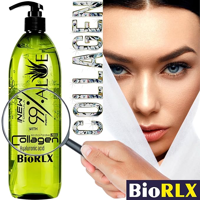 BioRLX 99% Aloe Vera Gel with Collagen and Hyaluronic Acid 250 Ml 8.5 Fl Oz - For Face Body, Hair & Scalp, After Sun Relief, Natural, Soothing, Hydrating