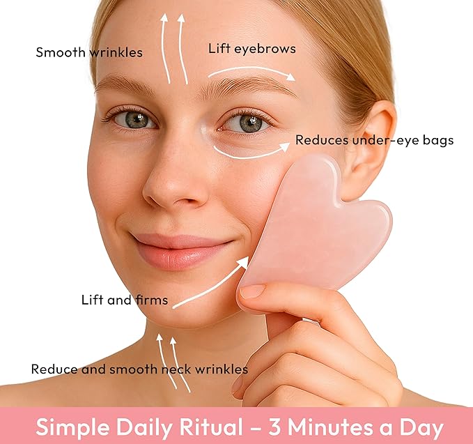 Rose Quartz Gua Sha Facial Tool - Heart-Shaped Crystal for Puffiness, Lymphatic Drainage, Facial Sculpting & Relaxation - Hand-Carved Stone from Brazil, Used in Traditional Beauty Rituals