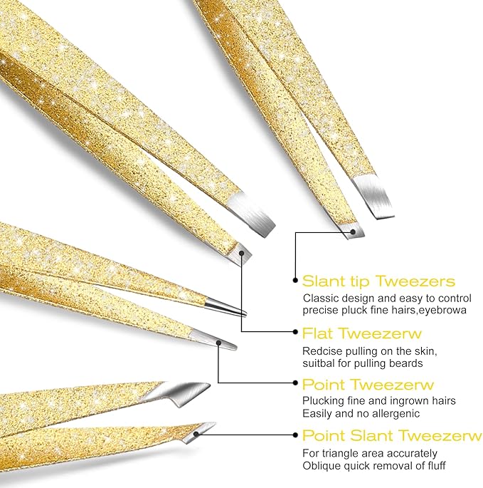 4-Pcs Glitter Stainless Steel Precision Tweezer Set for Eyebrows, Ingrown Hair & Lash Extensions (Gold)